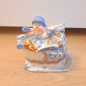 Designspirations Vintage 2002‎ Glass White Blue Snowman Bird Figurine Dish